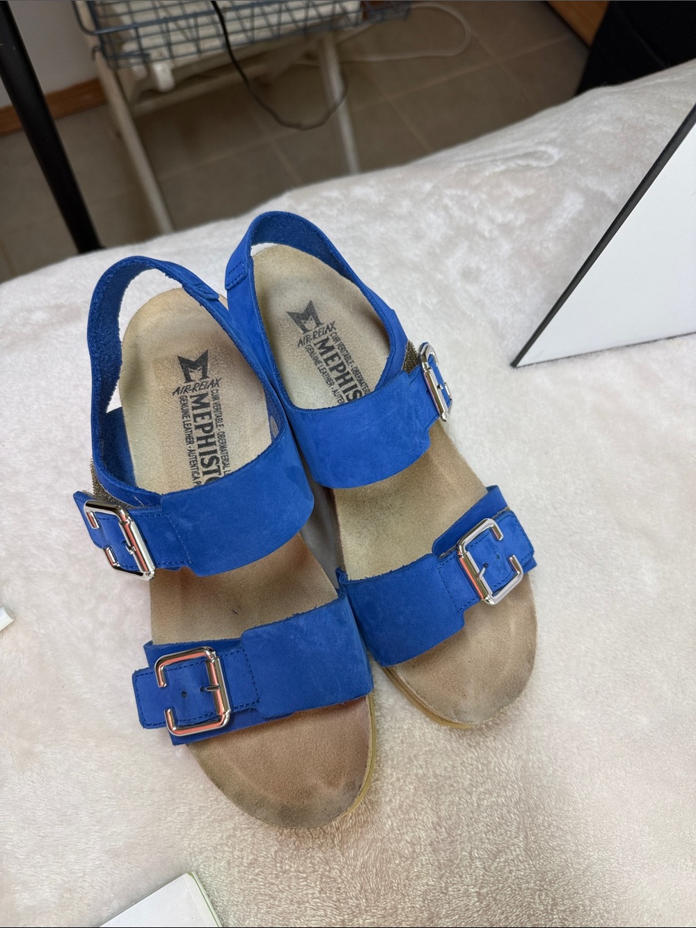 ⭐️Mephisto Lissandra Electric Blue Nubuck Wedge Sandals Cork Footbed Women's 9